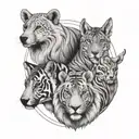 Illustrate a linear tattoo of four animals that symbolize each cousin's personality traits tattoo design idea