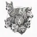 Illustrate a linear tattoo of four animals that symbolize each cousin's personality traits tattoo design idea