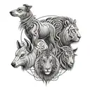 Illustrate a linear tattoo of four animals that symbolize each cousin's personality traits tattoo design idea