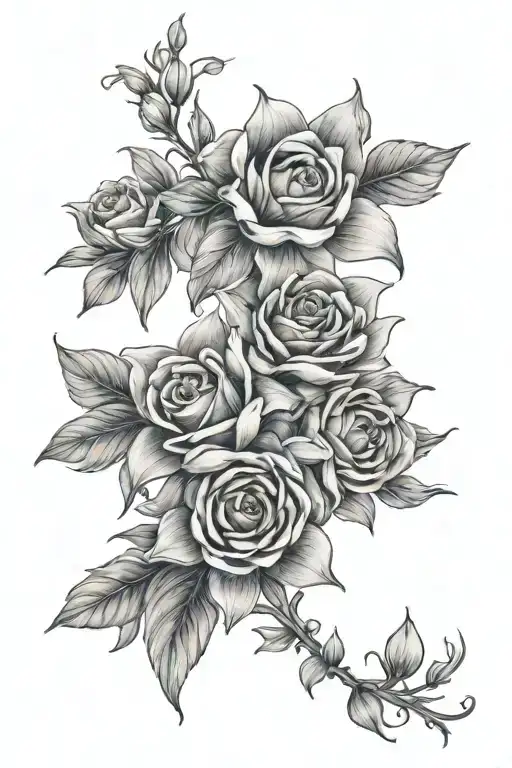 January Flowers, June Flowers, March Flowers, September Flowers all intertwined up spine tattoo design idea