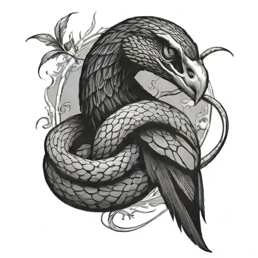 snake wrapped around crow perched tattoo design idea