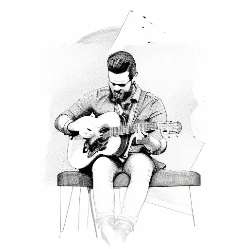 A sketch-style portrait of Zach Bryan playing a guitar with lyrics from his songs as decorative elements tattoo design idea