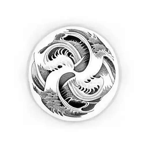 two koifish forming yin and yang with the painting "The Great Wave off Kanagawa" in the backround tattoo design idea