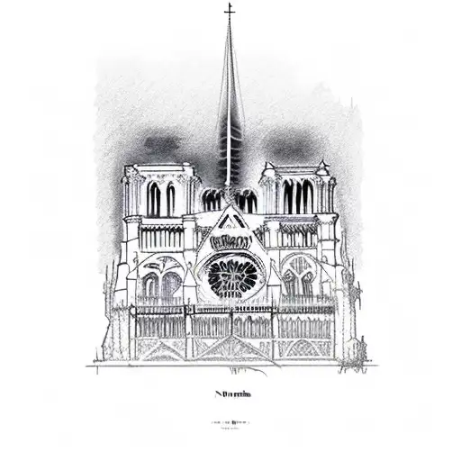 notre dame de paris, one left side is firing, The right side of the building is being reconstructed tattoo design idea