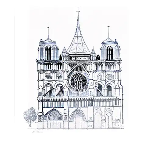 notre dame de paris, one left side of the building is firing, The right side of the building is being reconstructed tattoo design idea