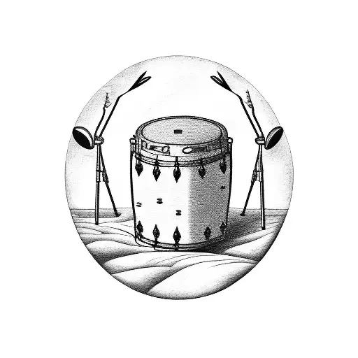 A surrealistic blackwork tattoo of a drum set nestled within a mountain range tattoo design idea