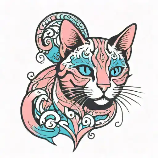 pink blue and white outline of cat tattoo, trans pride colors tattoo design idea