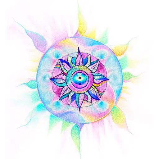 A dreamy and symmetrical tattoo of a sun catcher cascading watercolor rainbows of light tattoo design idea