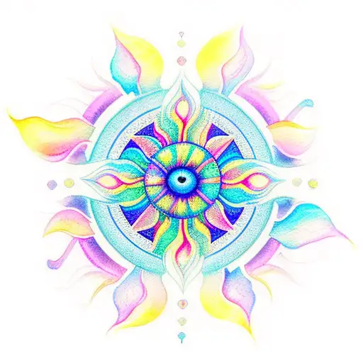 A dreamy and symmetrical tattoo of a sun catcher cascading watercolor rainbows of light tattoo design idea