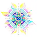 A dreamy and symmetrical tattoo of a sun catcher cascading watercolor rainbows of light tattoo design idea
