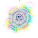 A dreamy and symmetrical tattoo of a sun catcher cascading watercolor rainbows of light tattoo design idea
