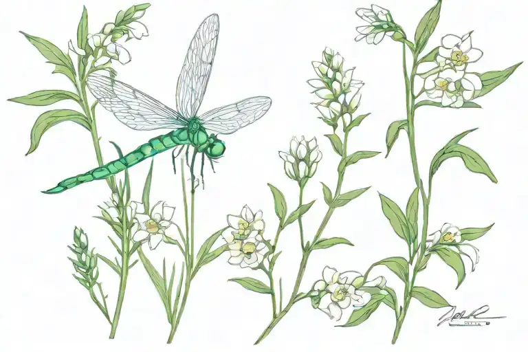 rosemary plant, jasmine flowers, green dragonfly perched tattoo design idea