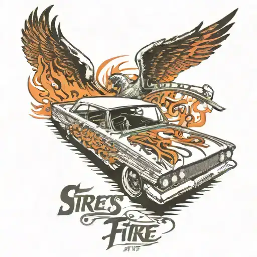 1963 Ford Galaxy car with words Streets of Fire above tattoo design idea
