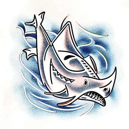 shark and ship tattoo design idea