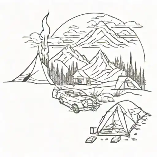 Camping mountains fire tattoo design idea