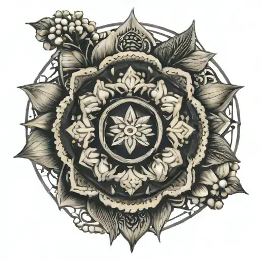 An intricate mandala design incorporating symbols of strength and resilience from your Latina roots, with hidden images of coffee beans and mountain peaks, representing your passions and interests tattoo design idea