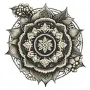 An intricate mandala design incorporating symbols of strength and resilience from your Latina roots, with hidden images of coffee beans and mountain peaks, representing your passions and interests tattoo design idea