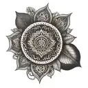 An intricate mandala design incorporating symbols of strength and resilience from your Latina roots, with hidden images of coffee beans and mountain peaks, representing your passions and interests tattoo design idea