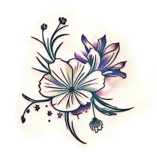 flower arrangement of cosmos and violets tattoo design idea