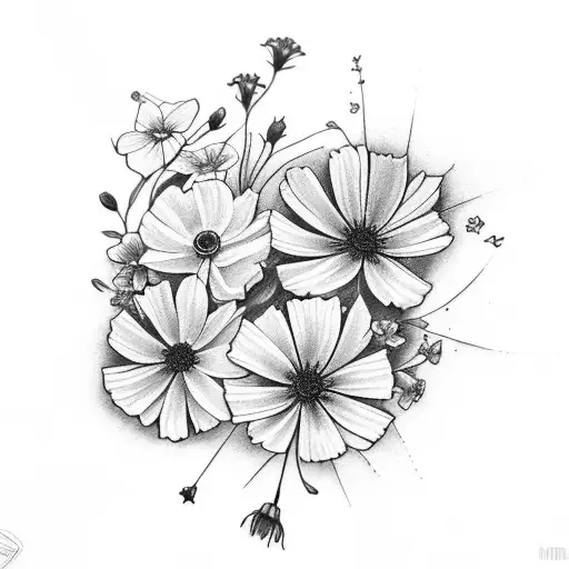 flower arrangement of cosmos and violets tattoo design idea