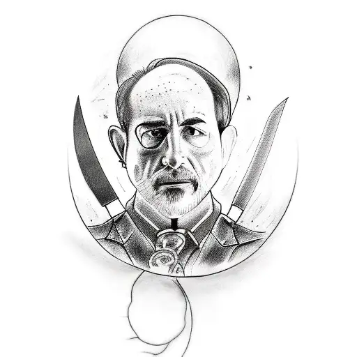 A tattoo design featuring a sketch-like portrait of Joe Goldberg surrounded by his favorite knives tattoo design idea