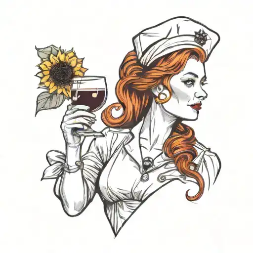 Redhead nurse woman with glass of wine and sunflower, symbol of eternity tattoo design idea