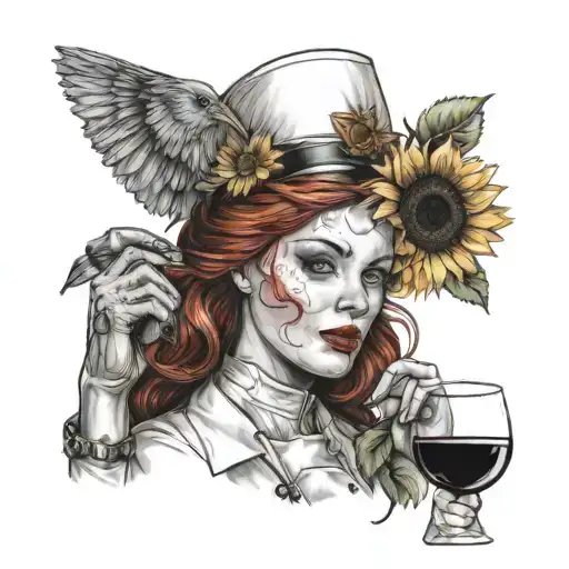 redhead nurse with glass of wine and sunflower tattoo design idea