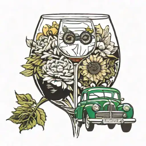 Wine glass with sunflower and green classic car with symbol of eternity and commitment and wedding ring tattoo design idea