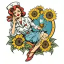redhead nurse with glass of wine and sunflower tattoo design idea