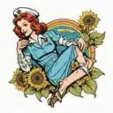 redhead nurse with glass of wine and sunflower tattoo design idea