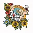 redhead nurse with glass of wine and sunflower tattoo design idea
