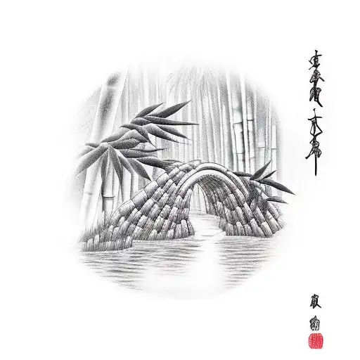biblical fruits of the spirit spelled out in bamboo in a bamboo forest with a river running through the forest tattoo design idea
