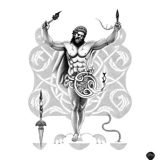 A blackwork tattoo showcasing the ancient Greek god Zeus holding a lightning bolt, surrounded by intricate Greek key patterns. tattoo design idea