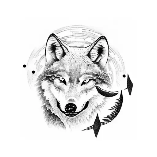 A dotwork tattoo depicting a wolf howling at the moon with the Colosseum in the background, symbolizing the connection between Roman history and nature. tattoo design idea