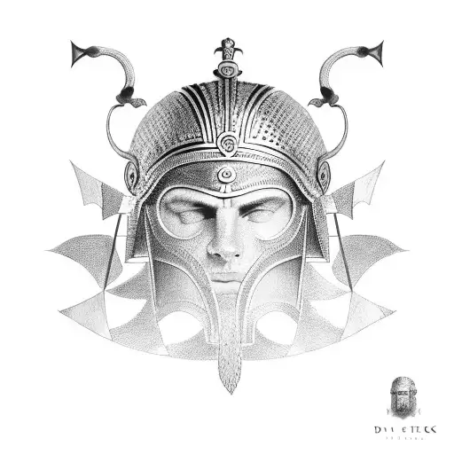 A dotwork tattoo featuring a Roman gladiator helmet adorned with Greek meander patterns, representing the fusion of Greek and Roman cultures. tattoo design idea