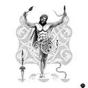 A blackwork tattoo showcasing the ancient Greek god Zeus holding a lightning bolt, surrounded by intricate Greek key patterns. tattoo design idea