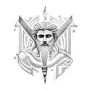 A blackwork tattoo showcasing the ancient Greek god Zeus holding a lightning bolt, surrounded by intricate Greek key patterns. tattoo design idea