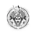 A blackwork tattoo showcasing the ancient Greek god Zeus holding a lightning bolt, surrounded by intricate Greek key patterns. tattoo design idea