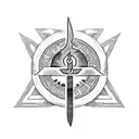 A blackwork tattoo showcasing the ancient Greek god Zeus holding a lightning bolt, surrounded by intricate Greek key patterns. tattoo design idea