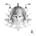A dotwork tattoo featuring a Roman gladiator helmet adorned with Greek meander patterns, representing the fusion of Greek and Roman cultures. tattoo design idea