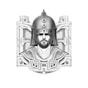 A dotwork tattoo featuring a Roman gladiator helmet adorned with Greek meander patterns, representing the fusion of Greek and Roman cultures. tattoo design idea