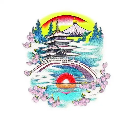 japanese zen garden with Sakura and pagoda with red sun 8n the background  tattoo design idea