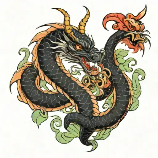 dragon with a snake and rabbit surrounded tattoo design idea