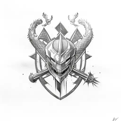 fine line european dragon tattoo, with the assassin's creed symbol and military crossed cannons hidden in the image tattoo design idea