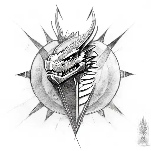 fine line european dragon tattoo, with the assassin's creed symbol and military crossed cannons hidden in the image tattoo design idea