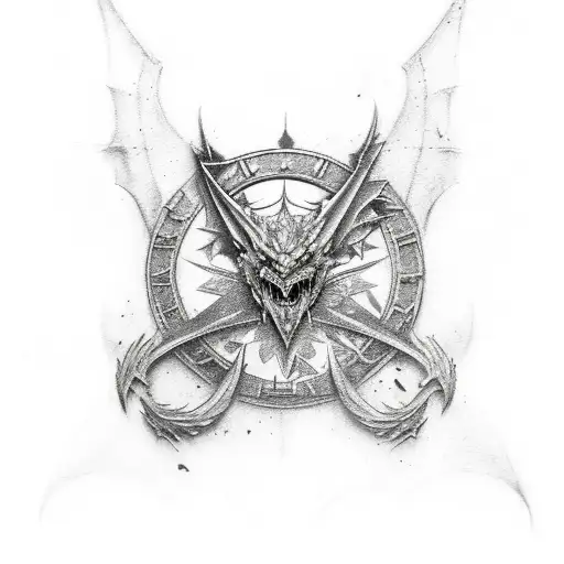 european dragon tattoo, with the assassin's creed symbol and military crossed cannons hidden in the image tattoo design idea