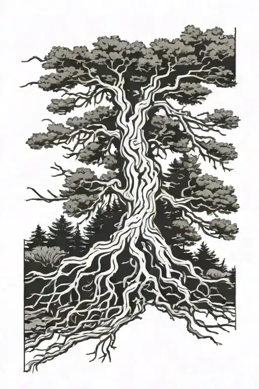 pine tree roots tattoo design idea