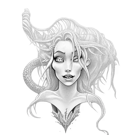 silhouette of Ursula the sea witch shedding her skin to reveal Ariel to symbolize weight loss and transformation  tattoo design idea