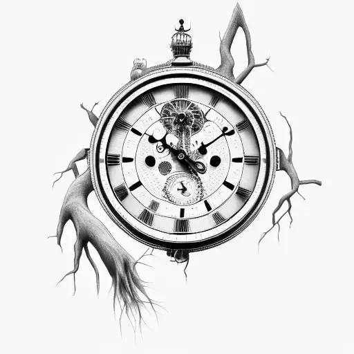 grandfather clock growing roots tattoo design idea