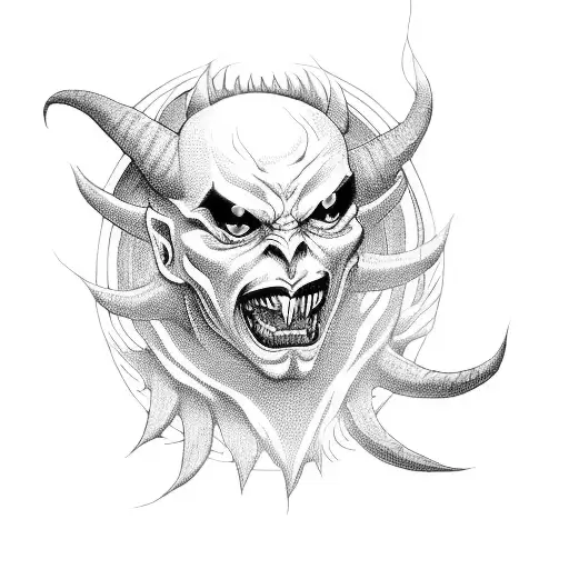 A demon with a sinister smile surrounded by black flames tattoo design idea